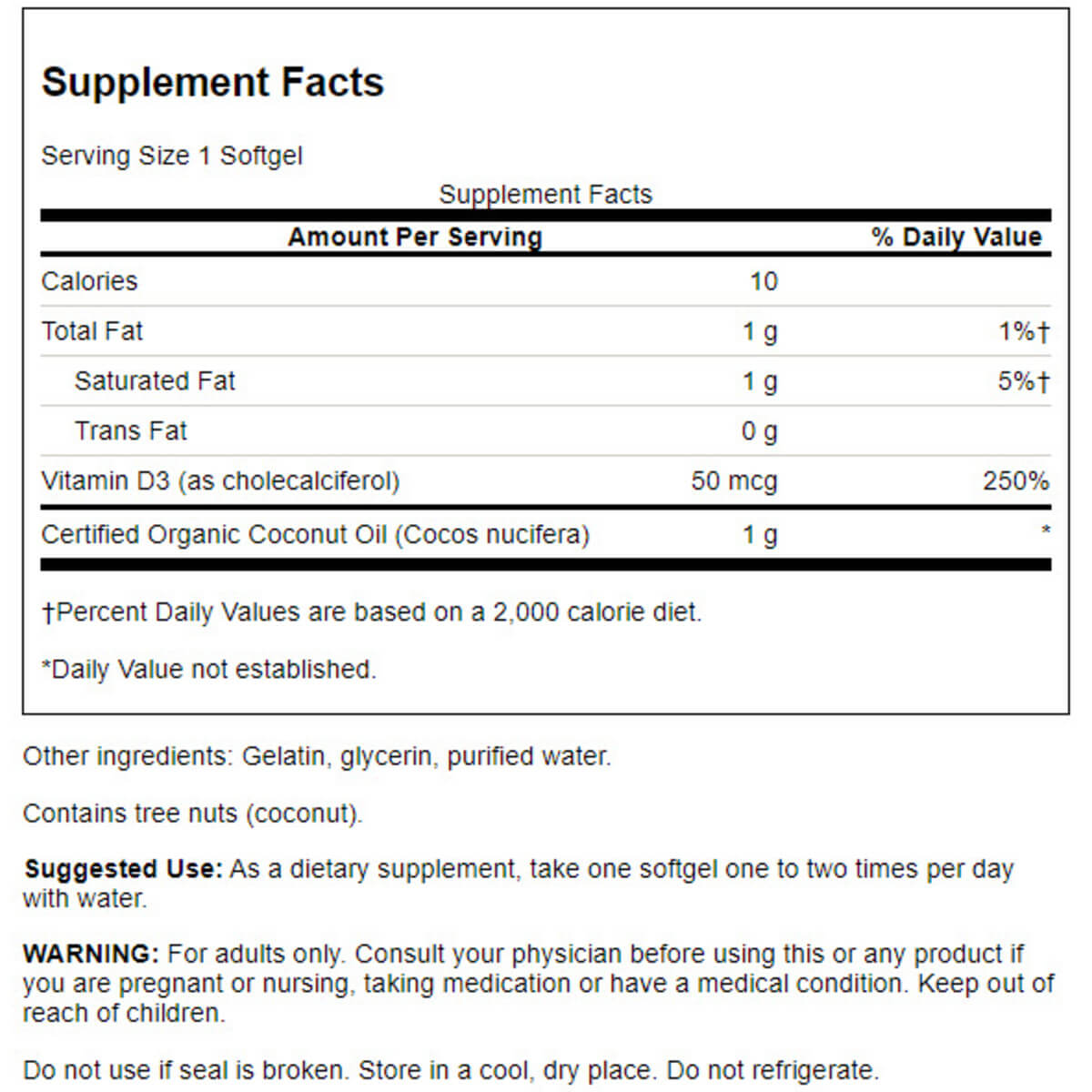 Vitamin D3 with Coconut Oil, 2000iu (50mg)