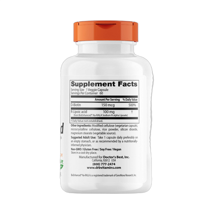 Stabilized R-Lipoic Acid with BioEnhanced Na-RALA, 100mg